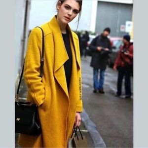 Tahari Size M Mustard Long Wool Blend Duster Jacket Open Front Coat Trench